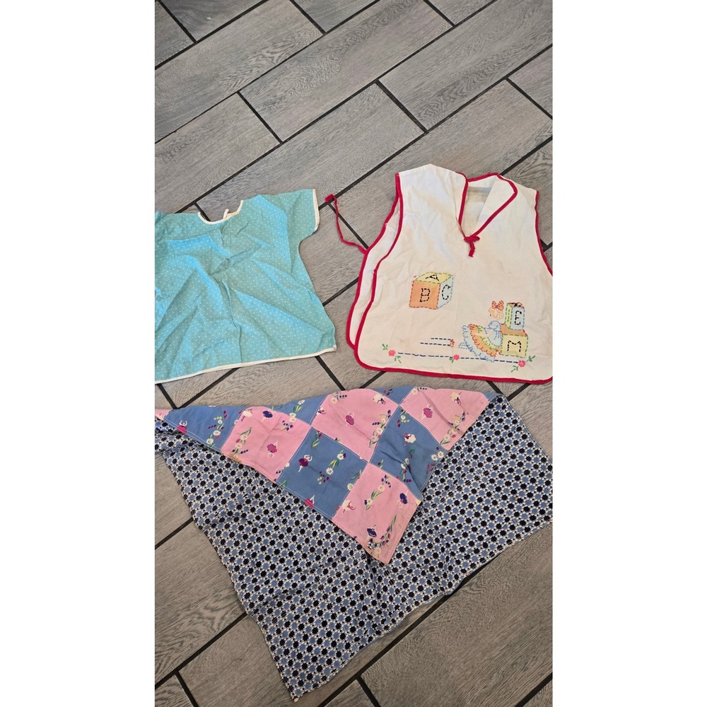 Vintage Handmade Baby Bundle Alphabet Bib Polka Dot Smock Reversible Blanket